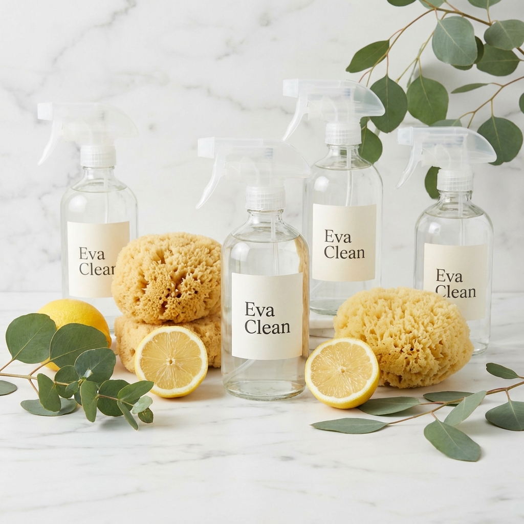 Eco-friendly cleaning supplies including lemons and eucalyptus
